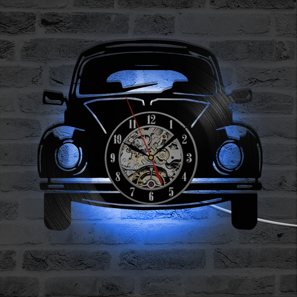 

3D Car Shape Wall Clock Vinyl Record Clocks with LED Backlight Creative Antique Style Hanging Watch Black Hollow Home Decor