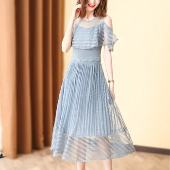 

WOMENGAGA 2020 Summer New Patchwork Lace Folds Empire Dress Pleated O-neck Womens Holllow Out Voild Casual Streetwear A192