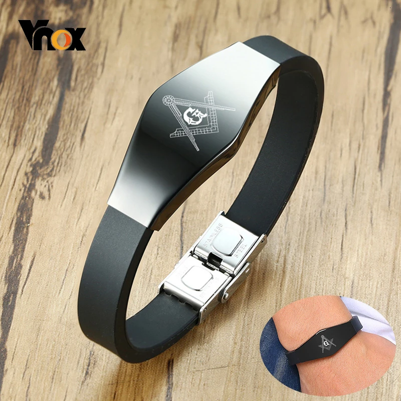 Vnox Mens Stylish Masonic Black Silicone Bracelets with Anti Allergy Stainless Steel