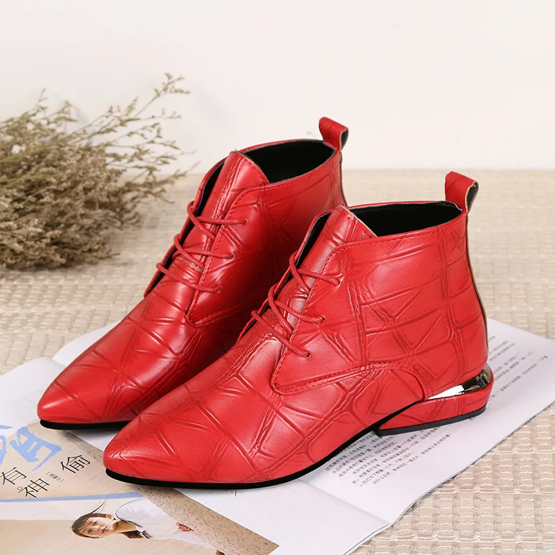 

Autumn New England Pointed With Red Wedding Shoes Leather Boots Martin Flat With Flat Female Short Boots sdc3