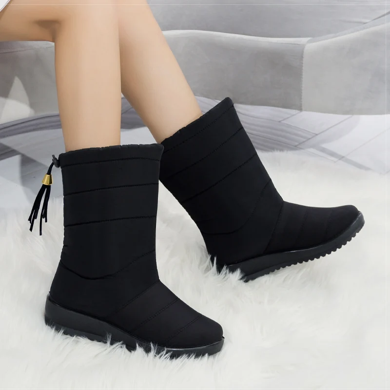 Women Boots Mid-Calf Snow Boots With Low Heels Winter Shoes Women Winter Boots Waterproof Warm Wedges Botas Mujer Shoes Female - Цвет: Черный