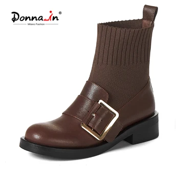 

Donna-in Knit Ankle Boots Women Genuine Cow Leather Buckle Strap Sock Boot Round Toe Slip-On Autumn Ladies Shoes 2020