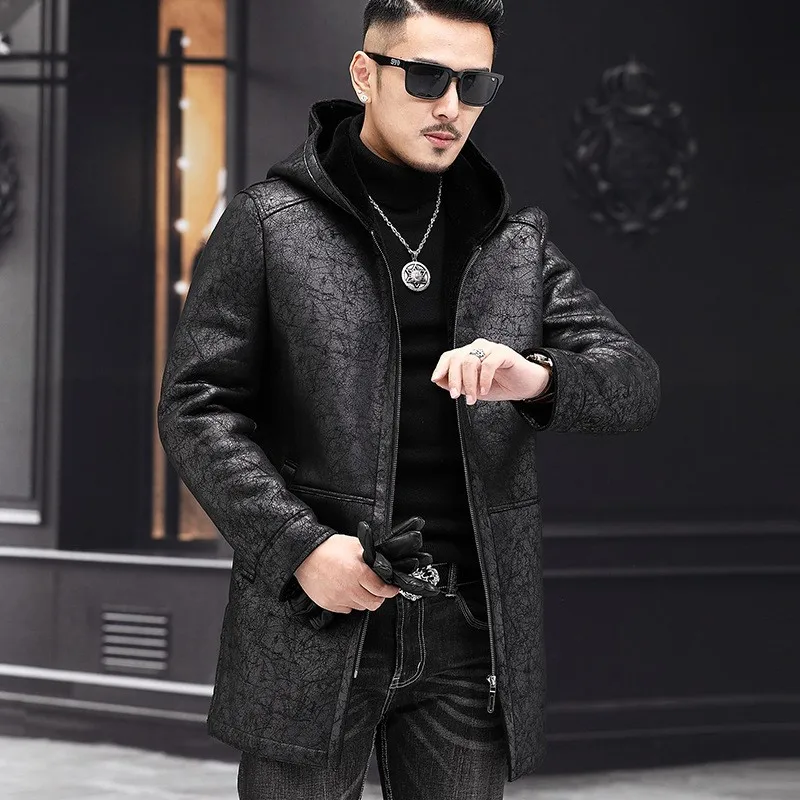 Winter Men Medium Long Hooded Coat Business Faux Leather Warm
