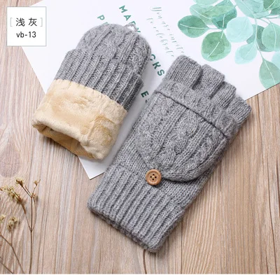 vb13 light grey Зимние перчатки, Женские варежки, теплые перчатки без пальцев, шерстяные, бархатные, утепленные, теплые, открытые, перчатки для пальцев, зимняя Дамская Варежка - Цвет: vb13 light grey