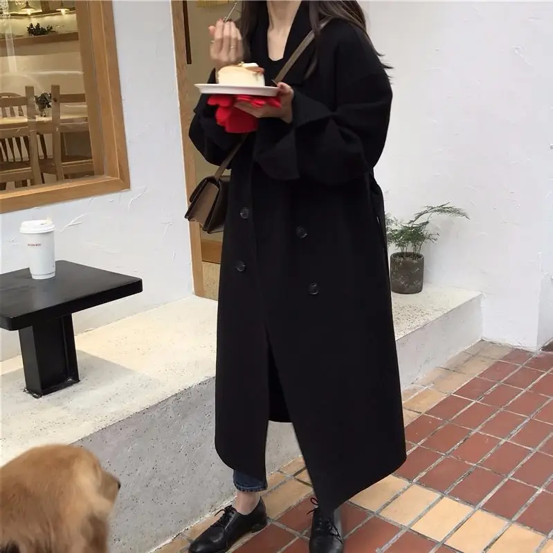 

Autumn and winter new Korean double-faced woolen cashmere coat women's mid-length wool over the knee loose loose woolen coat