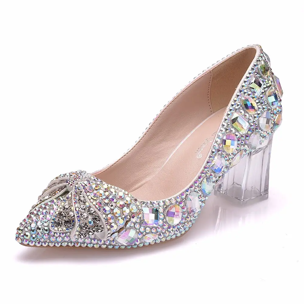 Королевские Свадебные туфли в европейском стиле с украшением в виде кристаллов; женские туфли со стразами и бантом; свадебные туфли на шпильке с острым носком; туфли подружки невесты на высоком каблуке