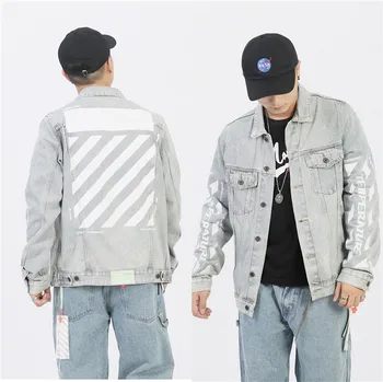 

Denim Jacket Men Motorcycle Bomber Jacket Jeans Wear Jacket Hiphop Off Streetwear Black White Cotton Coat Harajuku OW Cowboy Top