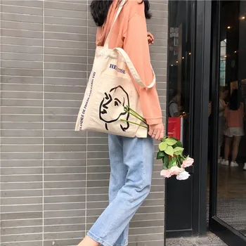 

Tote Bag Simple Female Head Print Canvas Bag Shoulder Bag Wild Outside Pocket Art Bag Eco Shopping Bag Шоппер Сумка Авоська