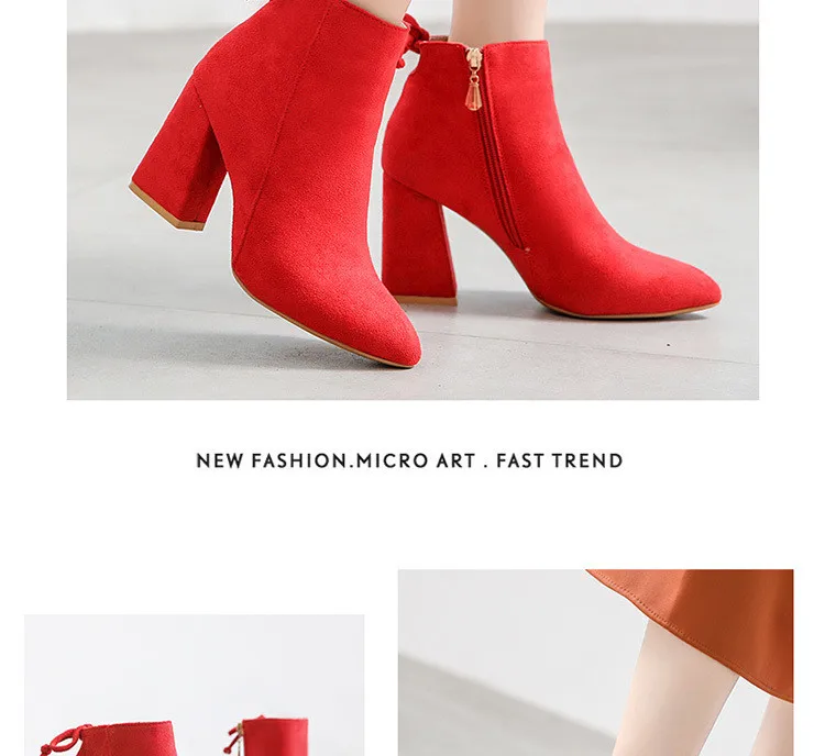 Hot Sale Women Boots Autumn Winter Flock Ankle Boots Female Square High Heels Shoes Woman Zipper Botas Zapatos Mujer