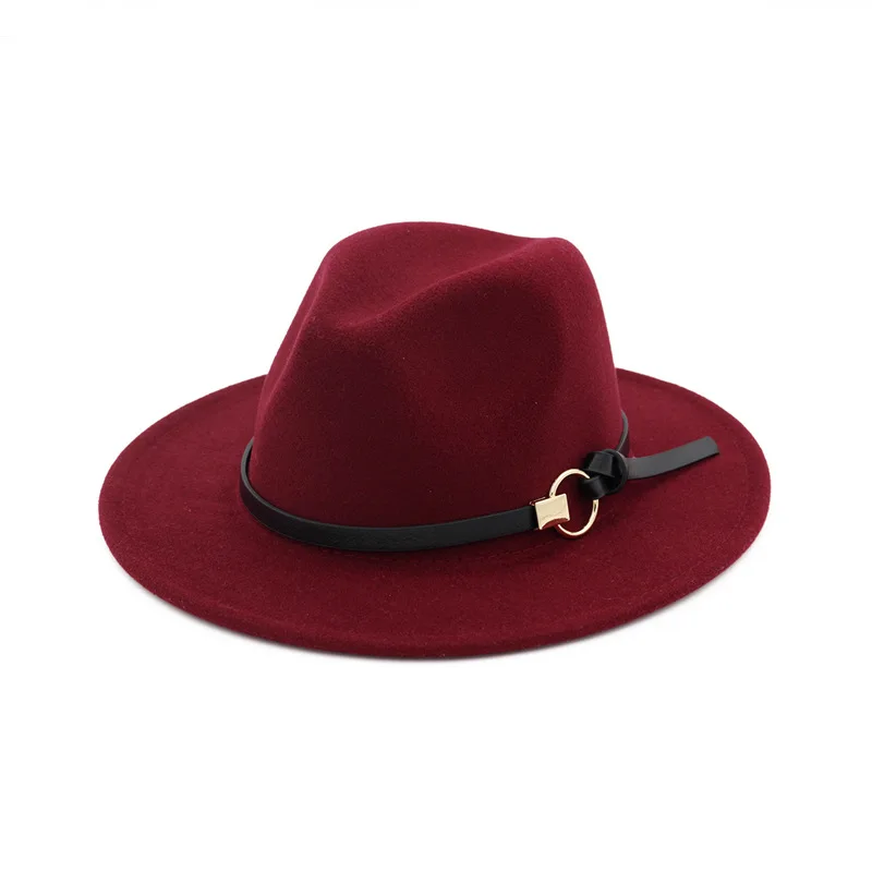 European Wide Brim Cowboy Felt Hat Panama Trilby Jazz Fedora Hats with Leather Buckle Plain Ribbon Woolen Chapeau for Women - Цвет: Wine red