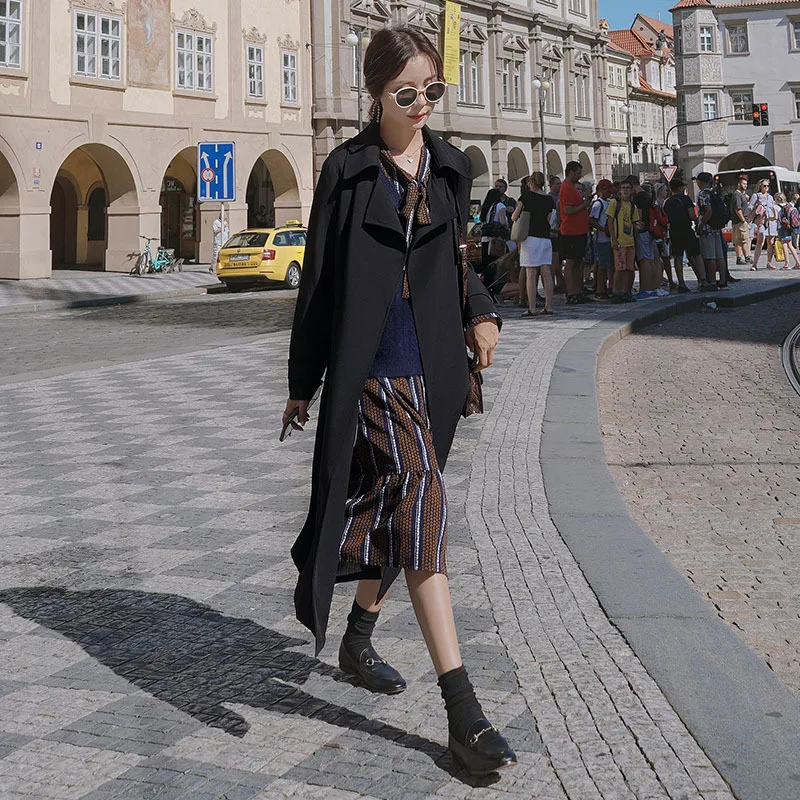 

Photo Shoot Black And White with Pattern Trench Coat Women's Hepburn Wind 2020 Autumn And Winter New Style Mid-length over-the-K