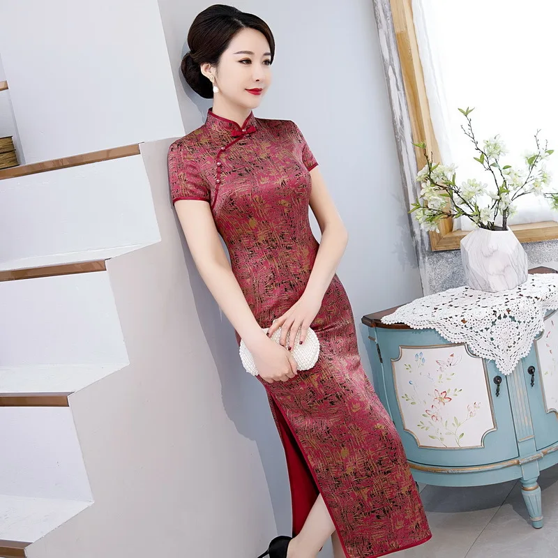 Dress Qipao Embroidery Long Floral Maxi Cheongsam Short Sleeve Evening Cocktail