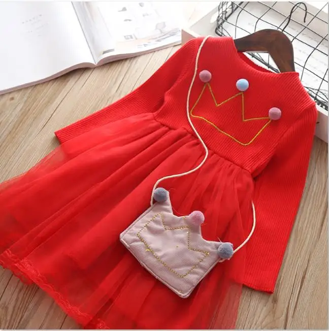 red color Платье для маленьких девочек осенне-весенняя одежда для детей, хлопковые платья принцессы детская одежда с сумочкой, для детей от 0 до 4 лет, модное платье пачка - Цвет: red color