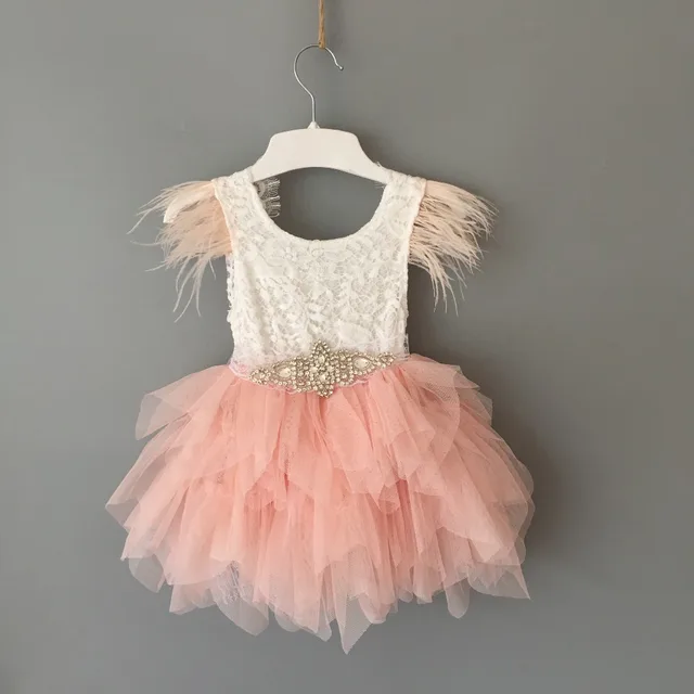 Princess baby feather dress 1st birthday party toddler girls lace flying sleeve summer dress kids tutu clothing with sashes 3