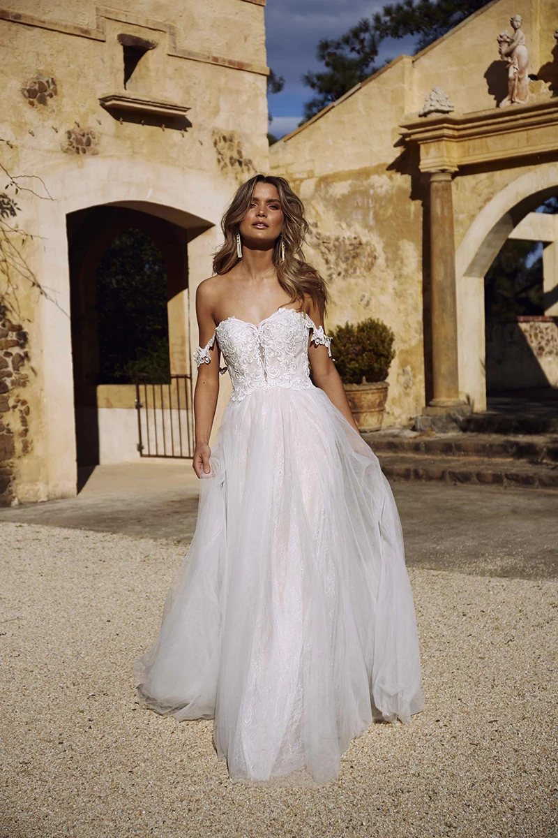 Сексуальное Милое ТРАПЕЦИЕВИДНОЕ свадебное платье Robe De Mariage Deatachable с открытыми плечами Кружевная аппликация богемный свадебное платье размера плюс