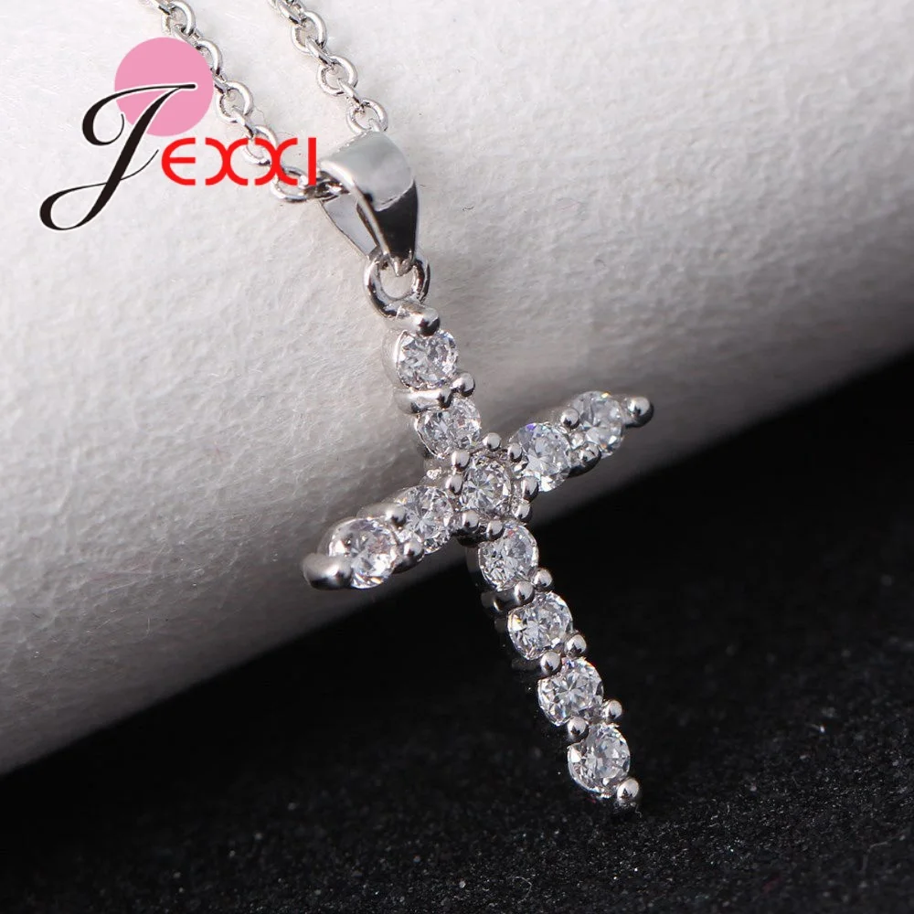

Big Promotion High Quality Korean Style Genuine 925 Silver Needle Charm Necklace Cross Shape Pendant Paved With Bright Crystal