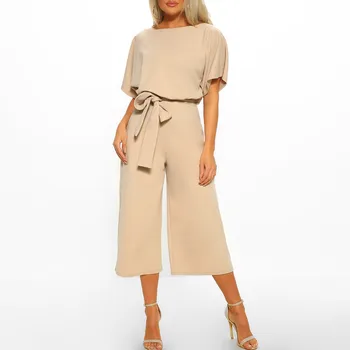 

2019 Women Fashion High Street Elegant Office Jumpsuit Short Sleeve Sashes Playsuit Casual Loose Wide Leg Jumpsuit