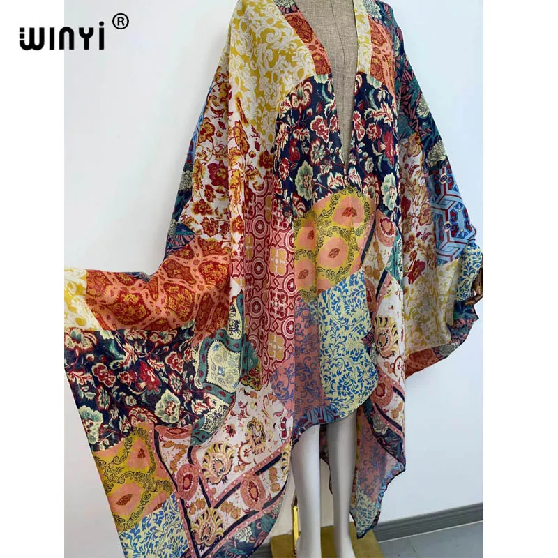 Kimono Dress Kaftan Bikini Cover-up Swimwear America Women Clothes Coat African Floral Printed Front Open Africa Robe Muslim