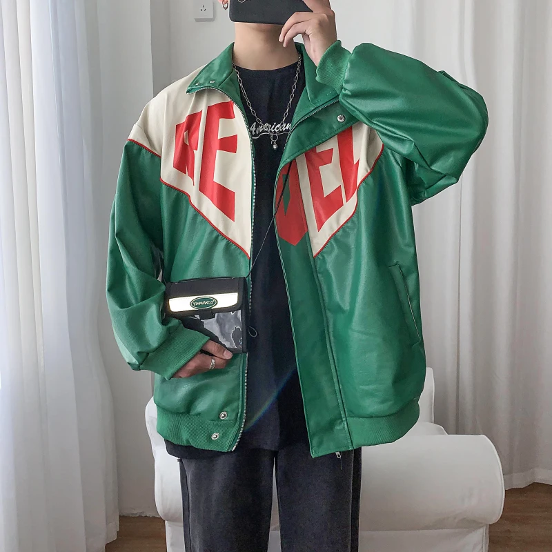 60% OFF Leather Jacket Men's Fashion Print Contrast Casual Loose Motorcycle Jacket Mens Streetwear Wild Loose Hip Hop Bomber Jacket Men