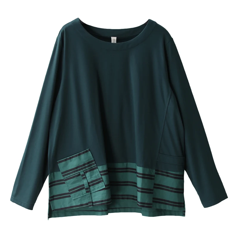 Женская футболка осень зима большие размеры свободные пуловеры женские новые топы с круглым вырезом с длинными рукавами, полосатая Повседневная футболка