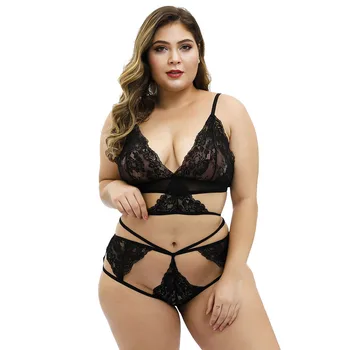 

Plus Size Women Lingerie Sexy Sheer Mesh Embroidery Queen Size Panty Bra Set Transparent Underwear Erotic Sets