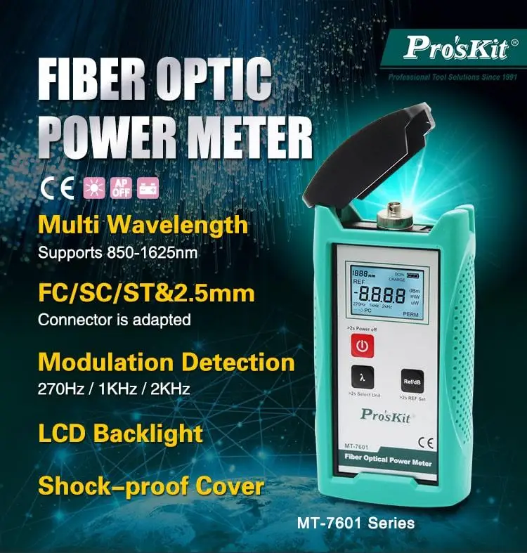 

Fiber Optic Power Meter dapts to FC/SC/ST connectors for six different wavelengths of fiber source loss tester