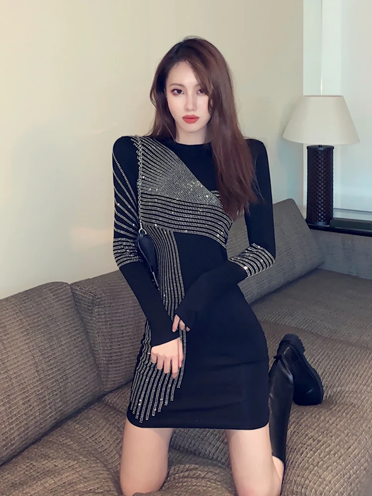 Black Slim Sexy Dress Women's 2021spring and Autumn New Korean Design Sense Fashion Hot Diamond Bag Hip Skirt Female Temperament