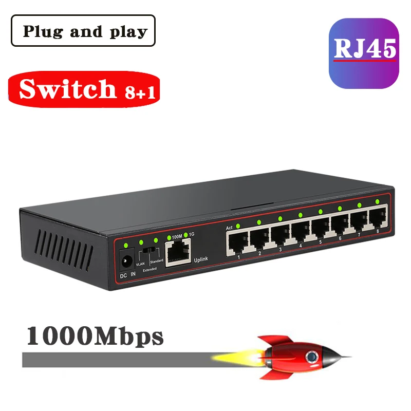 100 м + 1000 Мбит/с 9 портовый коммутатор Gigabit Lan Интернет сплиттер VLAN Поддержка сети