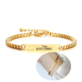 

Custom Name ID Bar Bracelet Personalized Gold Color Stainless Steel Boy Girl Children Box Chain Bracelets Jewelry Gifts