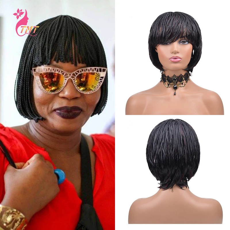 Short Braided Wigs Synthetic Heat Resistant Fiber Ombre Short Box Braid Wig with Bangs for Black Women Braiding Hair Cosplay