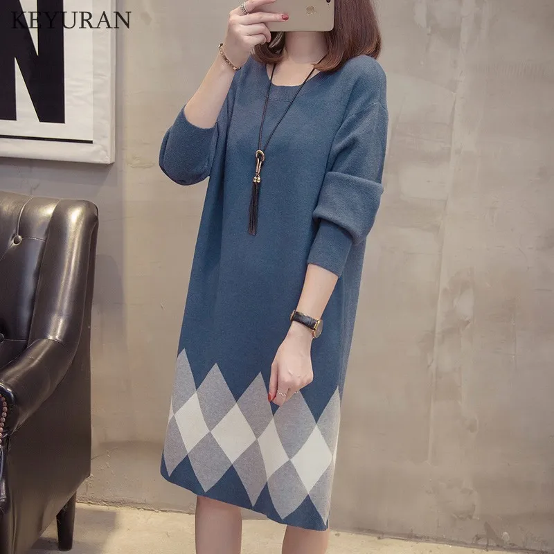 

Oversized Women's Argyle Pullovers Loose Sweaters Dress 2019 New Femme Fall Winter Long Pull Knitted Sweater Plus Size Jumper