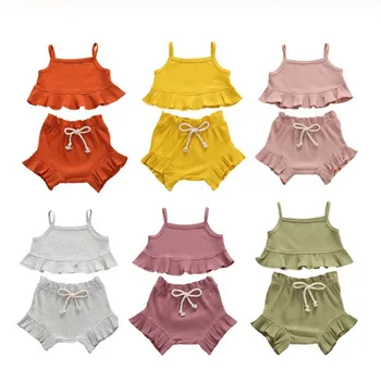 

Pudcoco Fast Shipping 0-24M Infant Baby Girls 2Pcs Set Striped Solid Vest Ruffled Crops Top PP Shorts Baby Summer Clothing