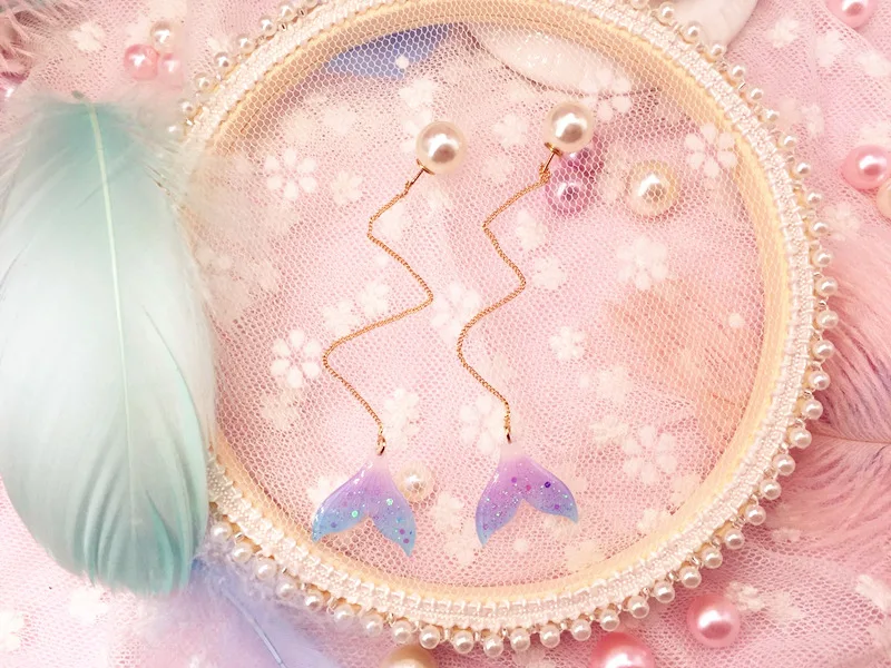 

Elegant Gradient Mermaid Tail Tassels Earrings with Pearl Lovely Tail Drop Earrings Unique Party Jewelry for girlfriend