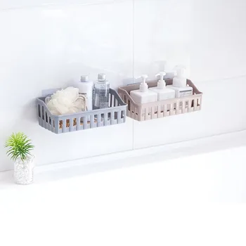 

Seamless Adhesive Plastic Wall-Mounted Storage Basket Organizator for Bathroom Kitchen Storage Gadgets Drain Basket Holder Rack