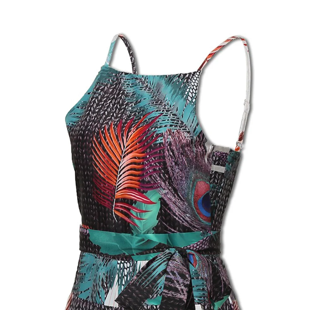 Women Ladies Loose Peacock Feather Print Straps Commute Jumpsuit Overall Romper