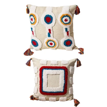 

2Pcs Cushion Cover Tassels Boho Style Ethnic Pillow Cover Handmade Luxury Moroccan Style 45X45Cm- B & C