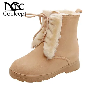 

Coolcept Plus Size 33-50 Winter Snow Boots Woman Solid Color Round Toe Lace Up Ankle Boots Warm Plush Outdoor Women Footwear