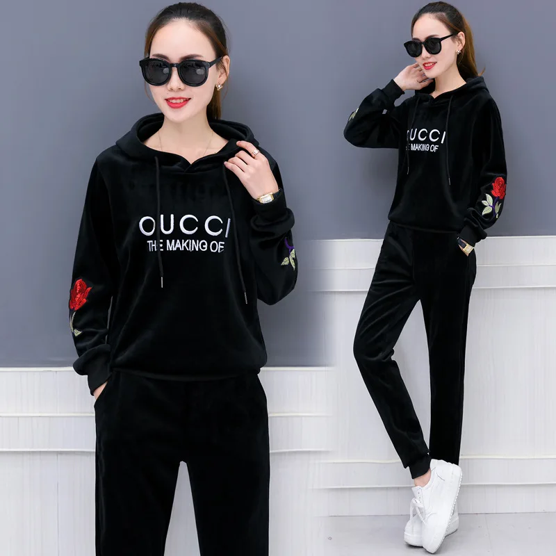 

Autumn Women Sporting Suit Embroidery Velour Loose Hoodie Sweatshirt+pant Casual Jogger Running Outfits Set Sportswear Tracksuit
