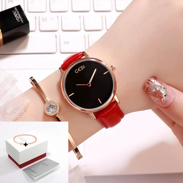 GEDI модные женские часы новые женские наручные часы циферблат Кожаный ремешок женские наручные часы reloj mujer - Цвет: Red box