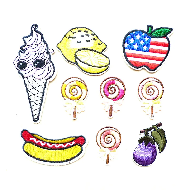 

Cartoon Lollipop apple eggplant Ice cream sausage adhesive applique embroidery Iron on patches stripes for clothing jeans badges