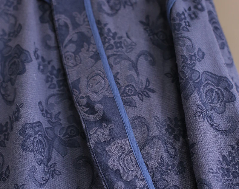 Женское хлопковое льняное платье жаккардовое винтажное платье осень стоячие семь рукав темно-синий китайский стиль платье на пуговицах