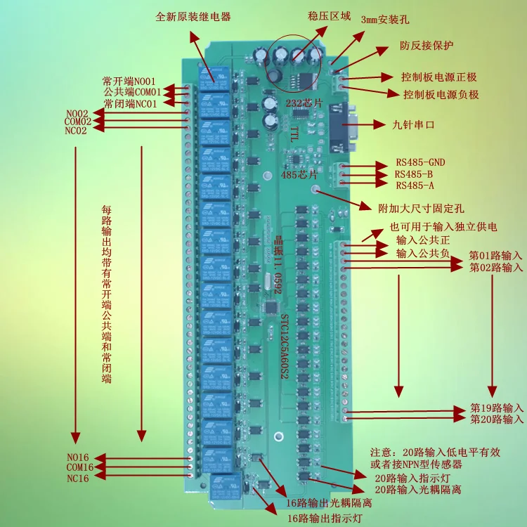 MODBUS RTU 20-way Input 16-way Output 232 Serial Communication 485 Relay Control Board 12V24V