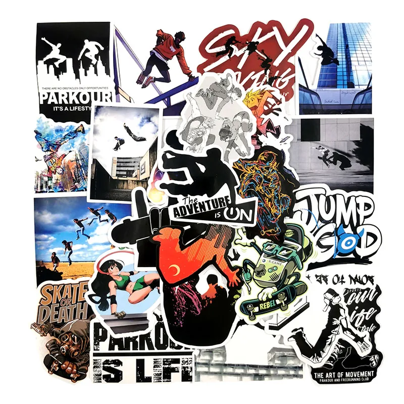 50Pcs Parkour Decal Extreme Sports Stickers Jumping Cities Street Sticker Skateboard Moto Bicycle Car Guitar Fridge Sticker