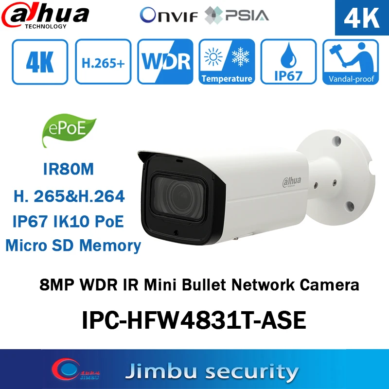 Dahua 8MP POE Starlight Camera IPC-HFW4831T-ASE IP67 IK10 IR80 WDR IR Mini Bullet Network Original English version | Безопасность и
