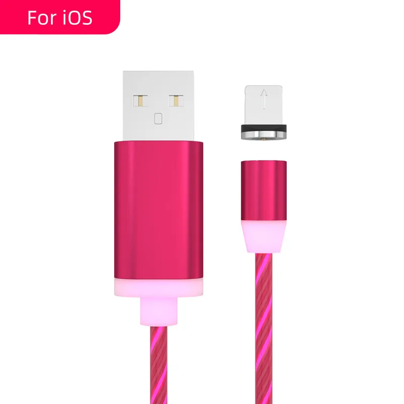 Магнитный светодиодный светящийся кабель для быстрой зарядки, магнитный кабель Micro usb type C, светодиодный провод, шнур типа C, зарядное устройство для iPhone samsung - Цвет: Rose red For iPhone