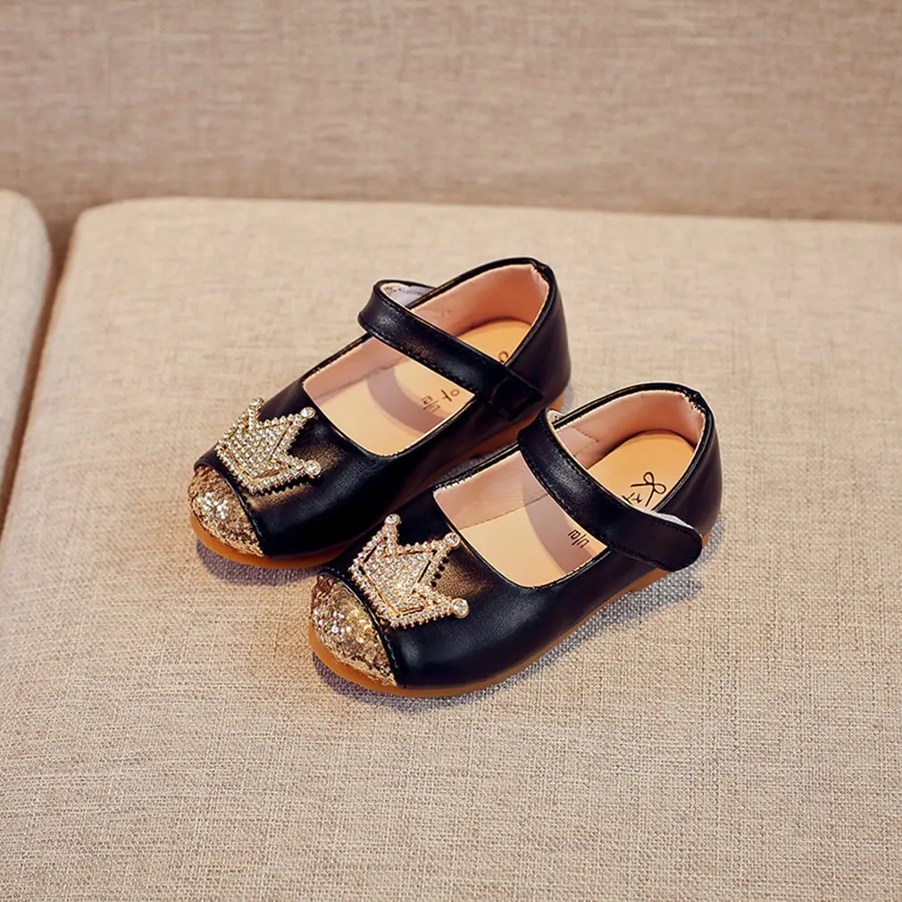 

Spring Autumn Kids Princess Shoes For Girls Kids Girl Wedding Shoe Gold Black Crown Sequins Shoes Fashion Dance Leather Flats