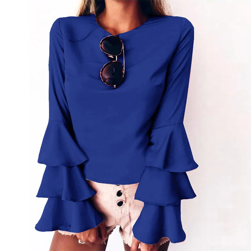 Dark Blue Elsvios 5XL, осенняя многослойная расклешенная блуза с длинным рукавом, однотонная женская верхняя блуза с круглым вырезом, Офисная женская блуза, большие размеры, блуза, рубашка, Mujer - Цвет: Dark Blue
