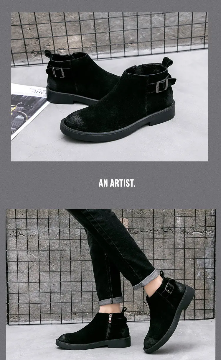 ERRFC Hot Selling Mens Motorcycle Boots Fashion Brtitish Aged Man Black Short Ankle Boots Back Buckle Strap Leather Leisure Shoe