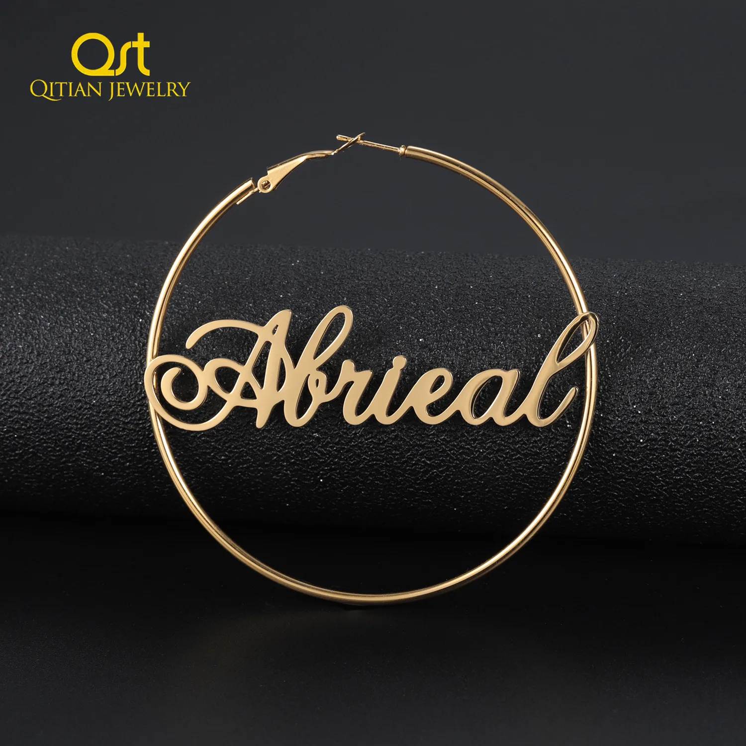 font name plate gold earrings