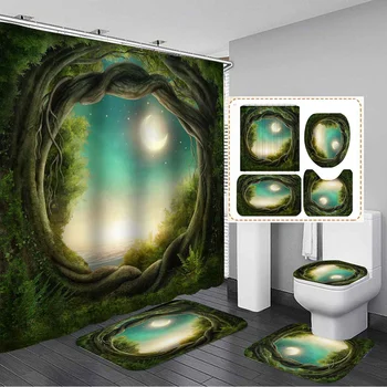 

Bathroom Set Forest Moonlight Waterproof Shower Curtain Anti-slip Bath Mat Rug Toilet Seat Cover Carpet Bathroom Decoration